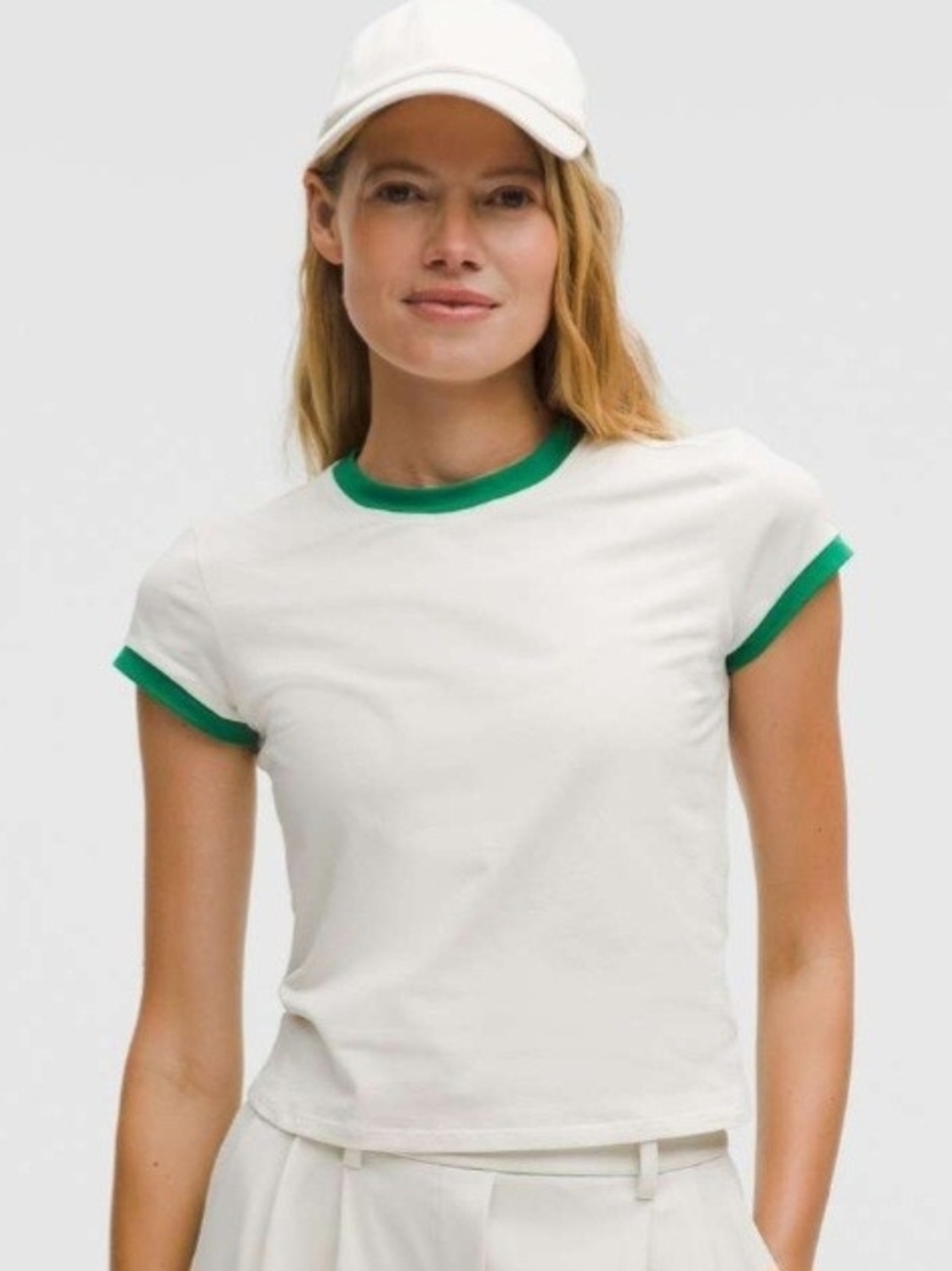 NWT Lululemon Organic Cotton Ringer Baby Tee Light Ivory/ Raceway Green Size S